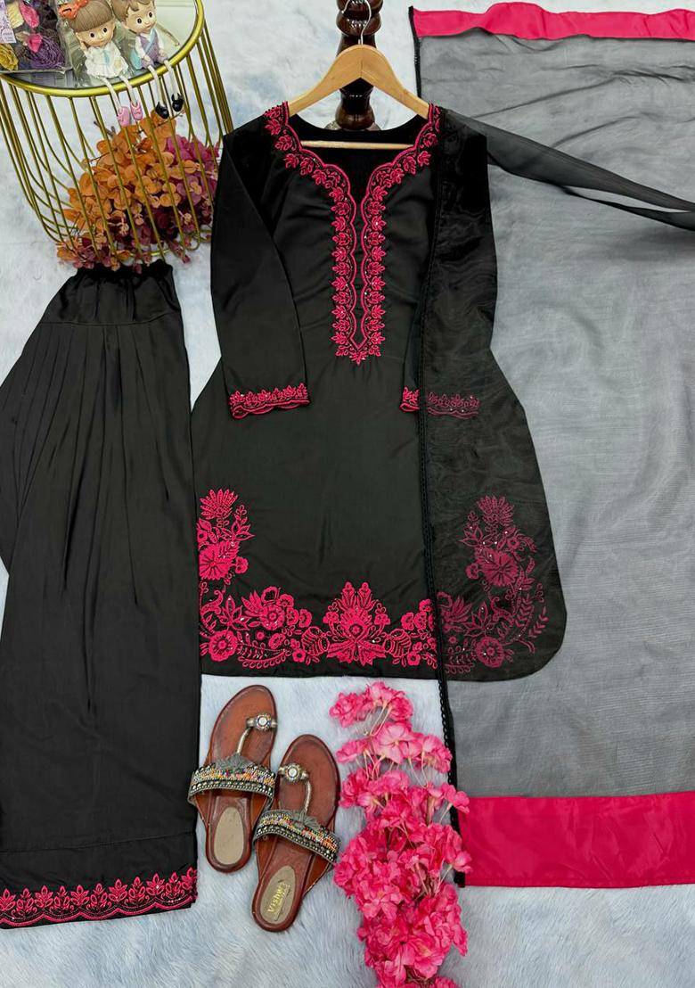 Black Embroidery Blended Kurta Set - Indya