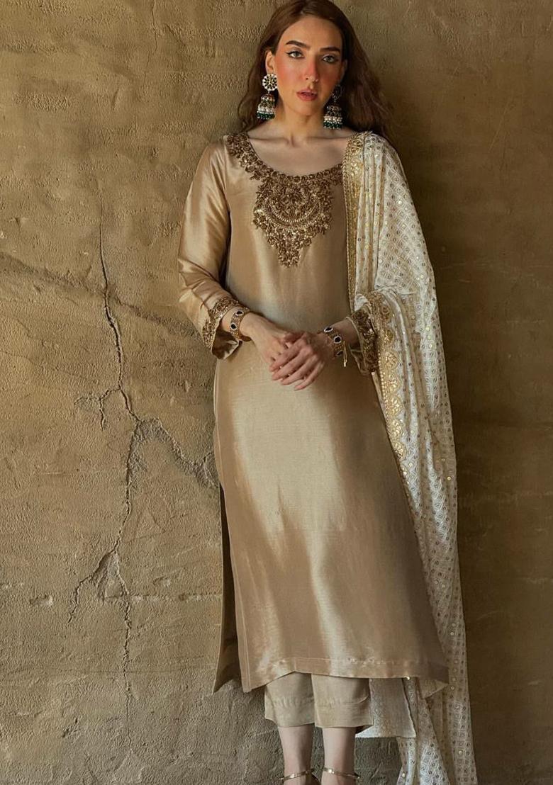 Brown Solid Blended Kurta Set - Indya