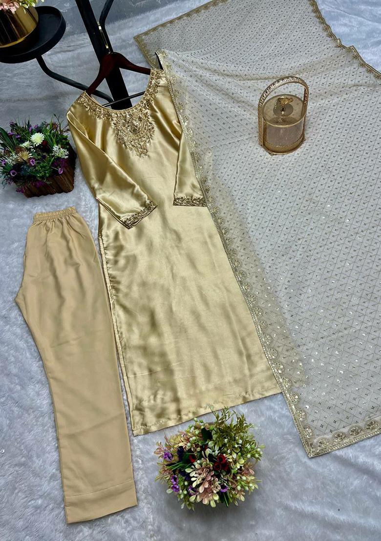 Brown Solid Blended Kurta Set - Indya