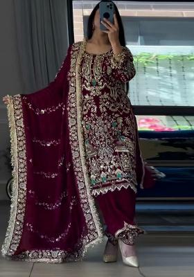 Maroon Embroidery Blended Kurta Set