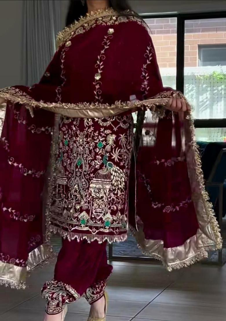 Maroon Embroidery Blended Kurta Set - Indya