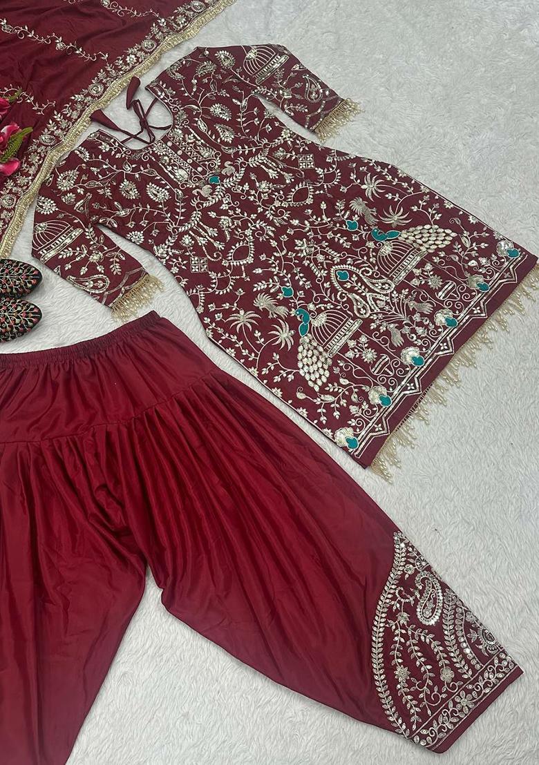 Maroon Embroidery Blended Kurta Set - Indya