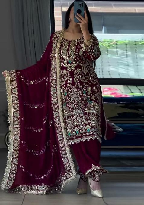 Maroon Embroidery Blended Kurta Set