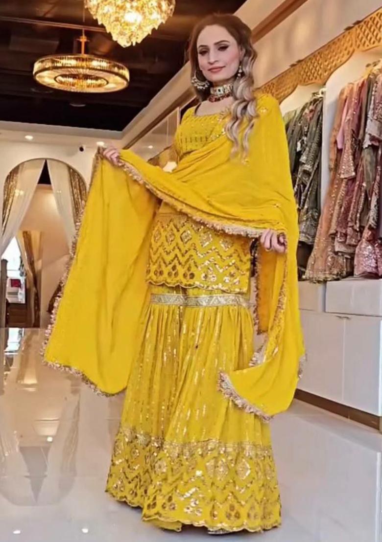 Yellow Embroidery Blended Kurta Set - Indya