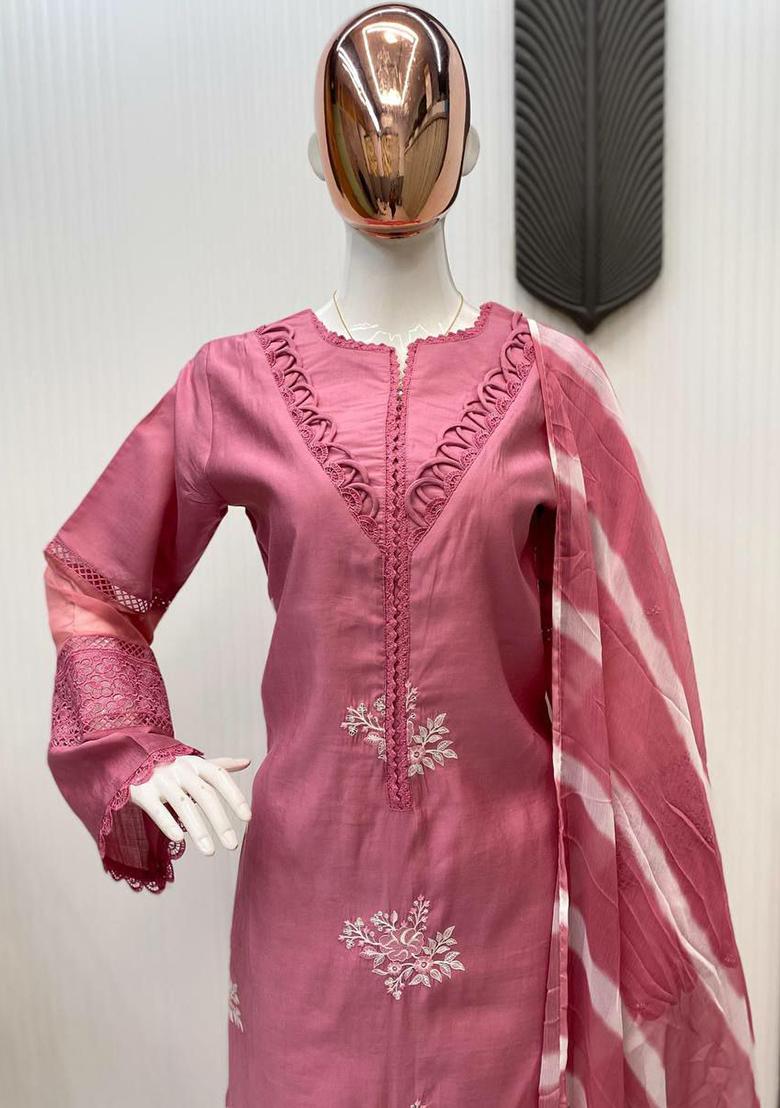 Pink Solid Blended Kurta Set - Indya