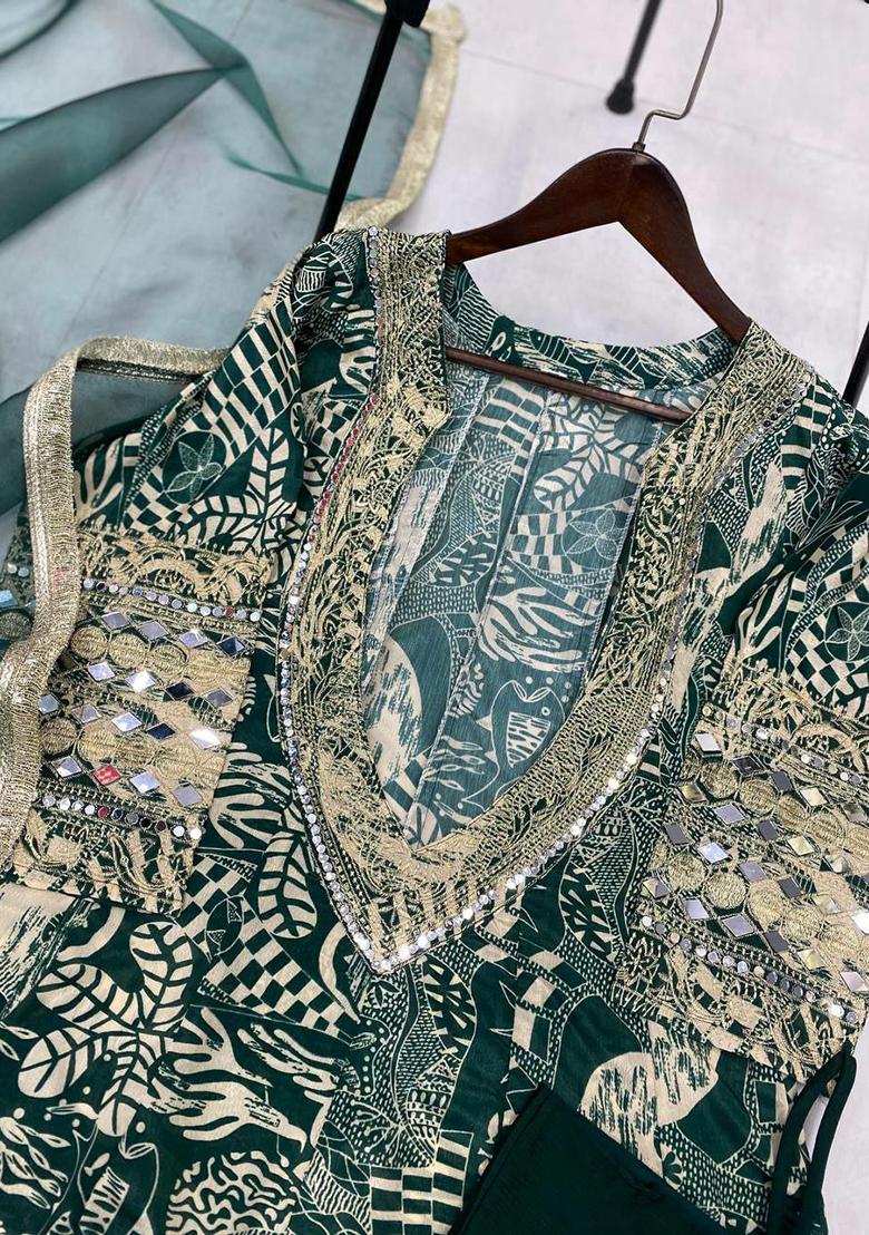 Green Printed Blended Kurta Set - Indya