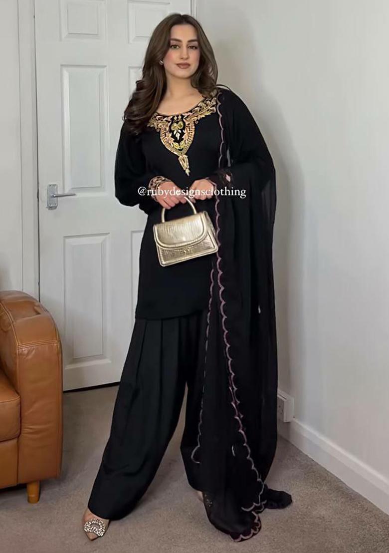 Black Embroidery Blended Kurta Set - Indya