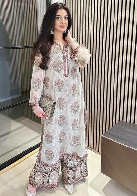 Off White Printed Blended Kurta Set
