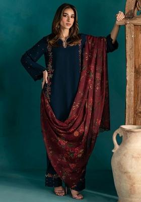 Blue Embroidery Blended Kurta Set