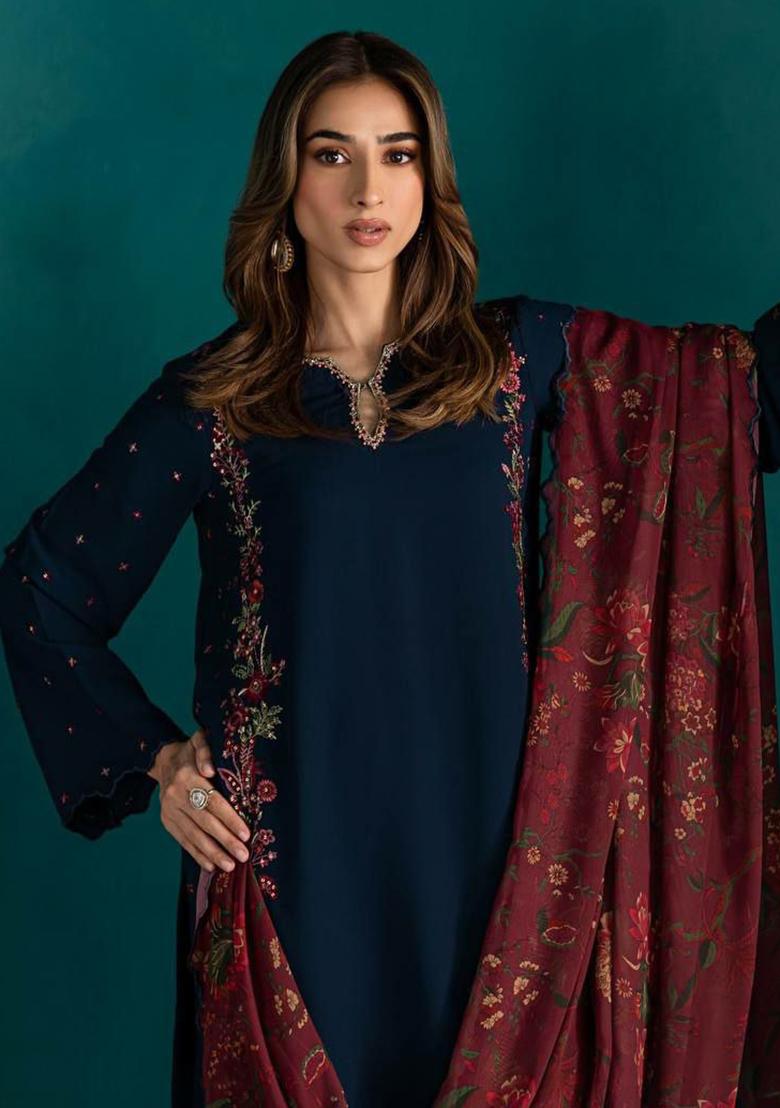 Blue Embroidery Blended Kurta Set - Indya