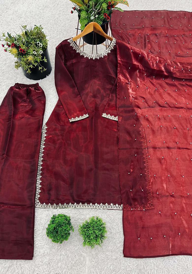 Maroon Solid Blended Kurta Set - Indya