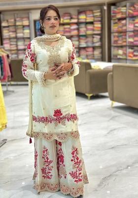 Off White Embroidery Blended Kurta Set
