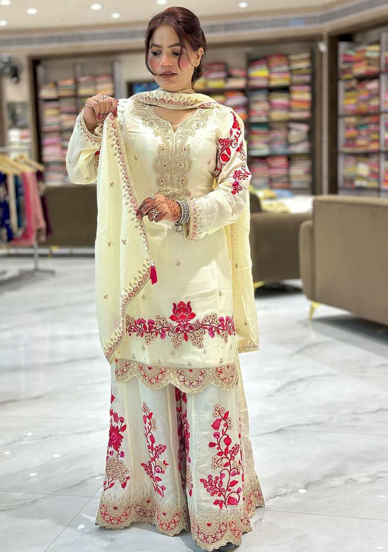 Off White Embroidery Blended Kurta Set - Indya