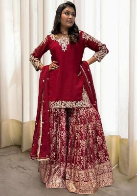 Maroon Embroidery Blended Kurta Set