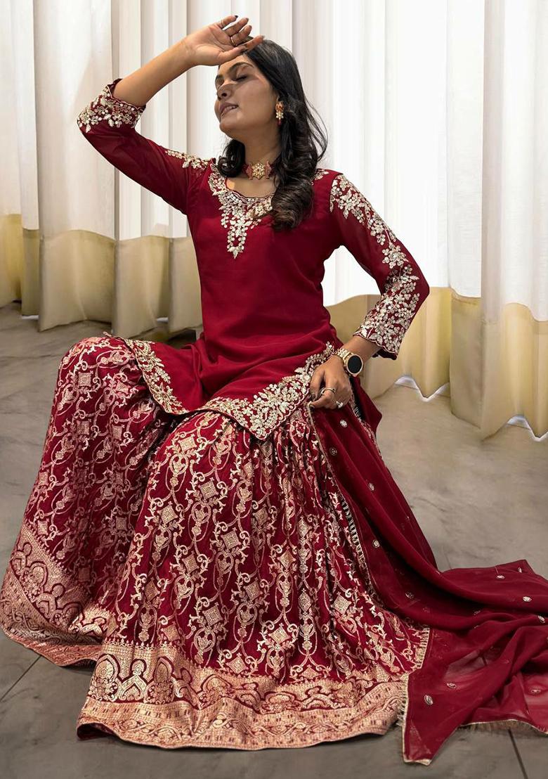 Maroon Embroidery Blended Kurta Set - Indya