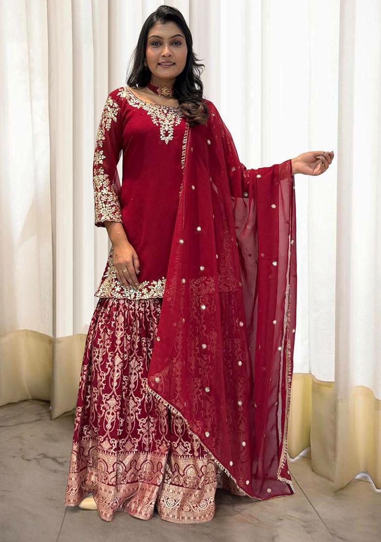 Maroon Embroidery Blended Kurta Set - Indya