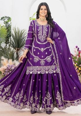 Blue Embroidery Blended Kurta Set