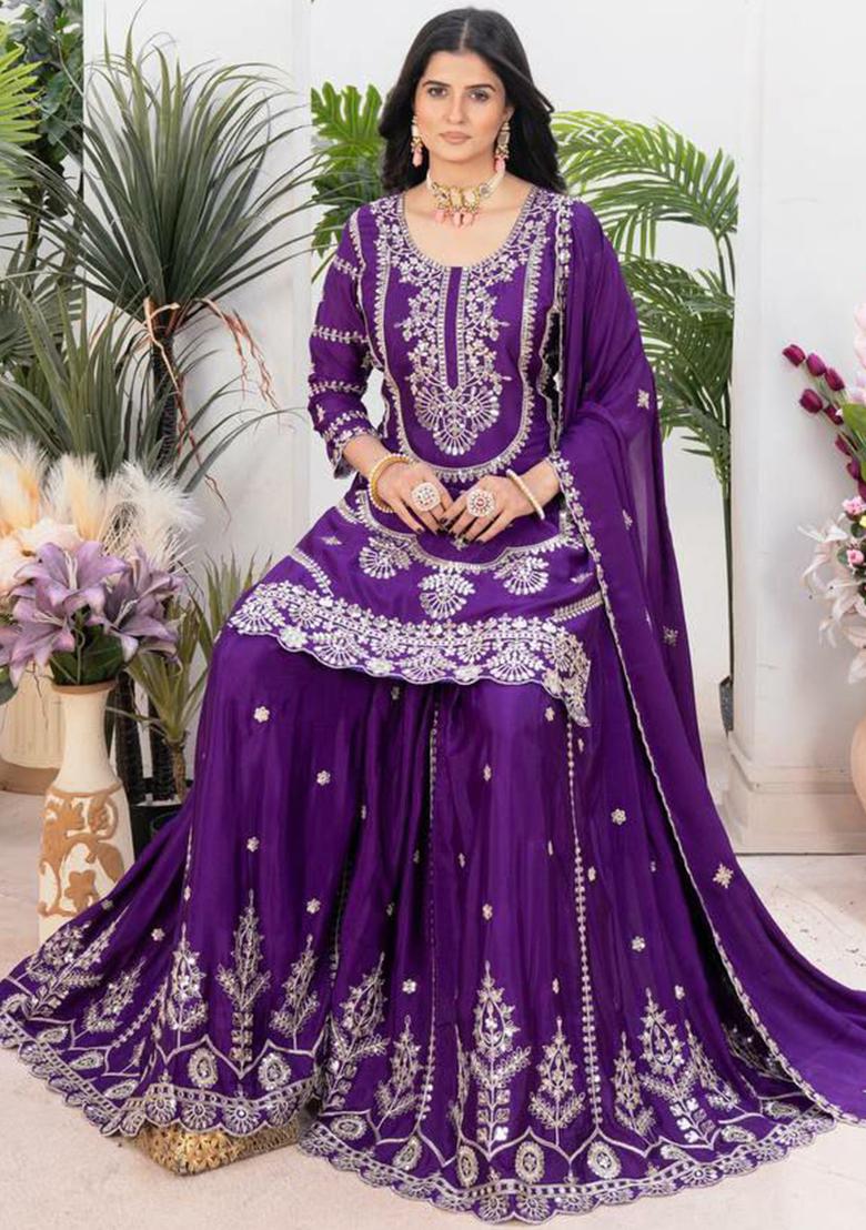 Blue Embroidery Blended Kurta Set - Indya