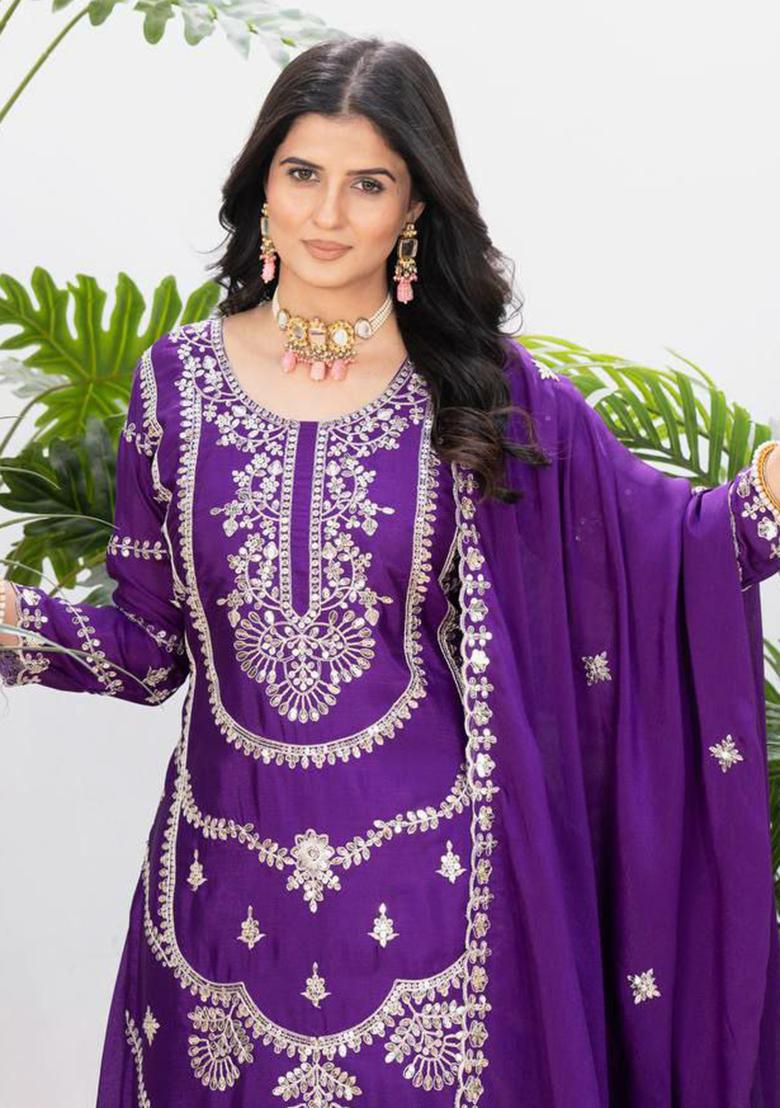 Blue Embroidery Blended Kurta Set - Indya