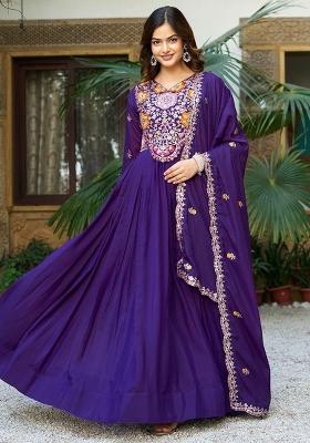 Purple Embroidery Blended Kurta Set