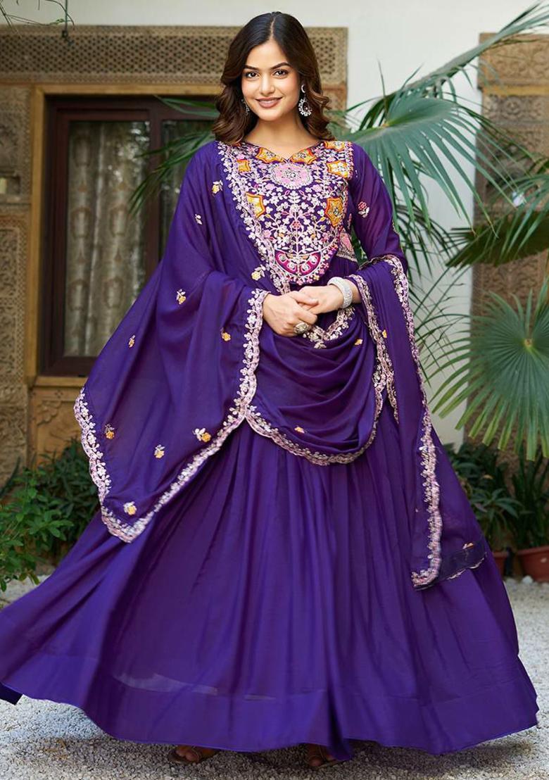 Purple Embroidery Blended Kurta Set - Indya