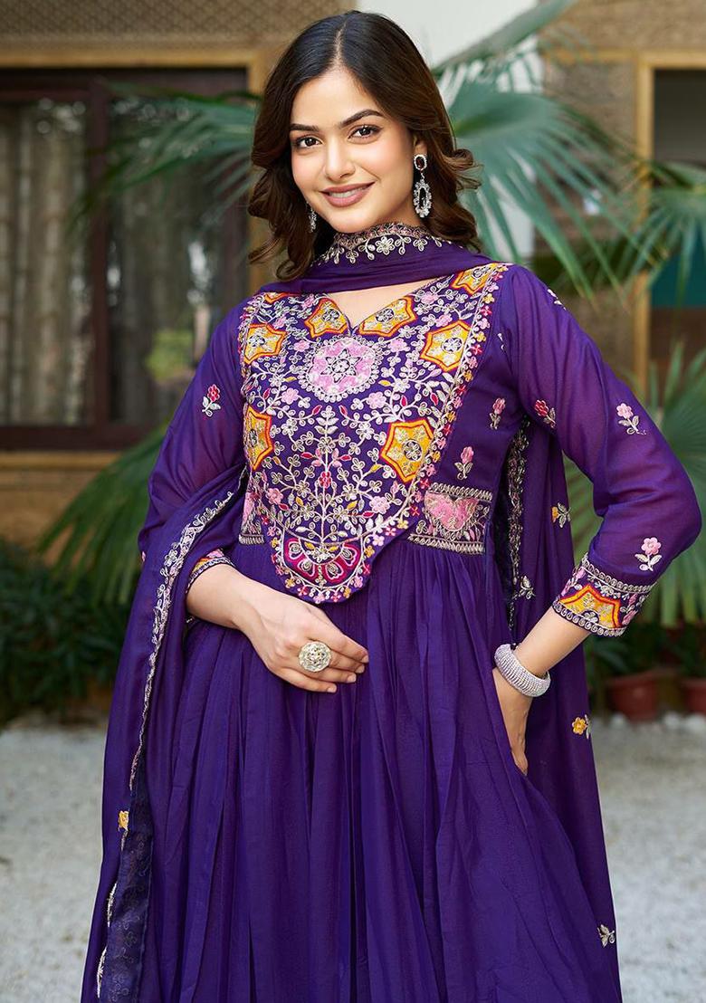Purple Embroidery Blended Kurta Set - Indya