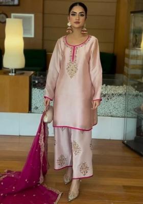 Off White Embroidery Blended Kurta Set