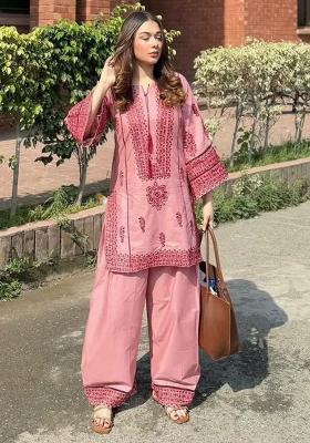 Pink Embroidery Blended Kurta Set