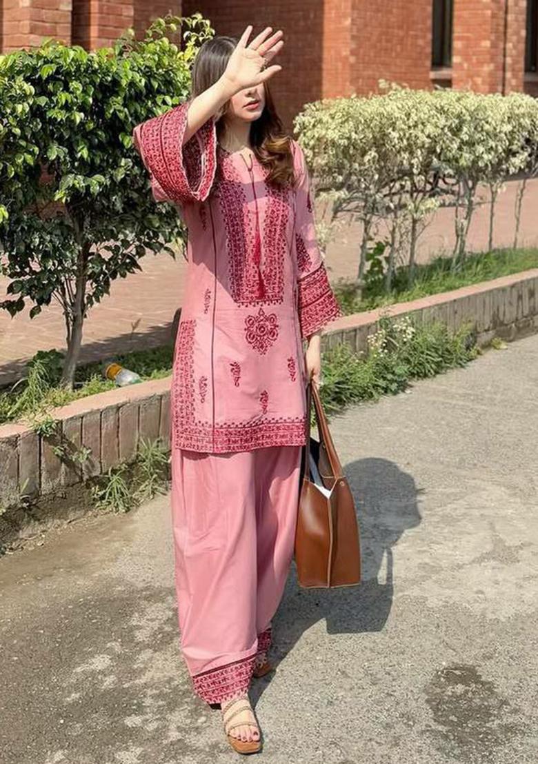 Pink Embroidery Blended Kurta Set - Indya