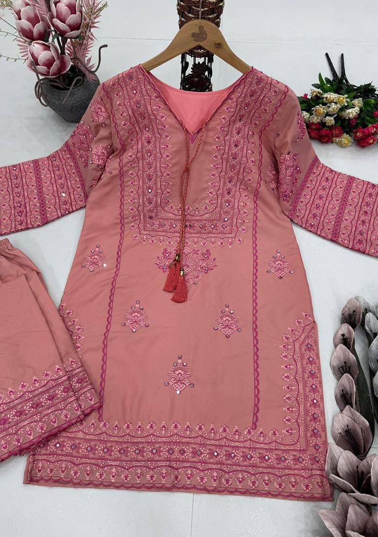 Pink Embroidery Blended Kurta Set - Indya