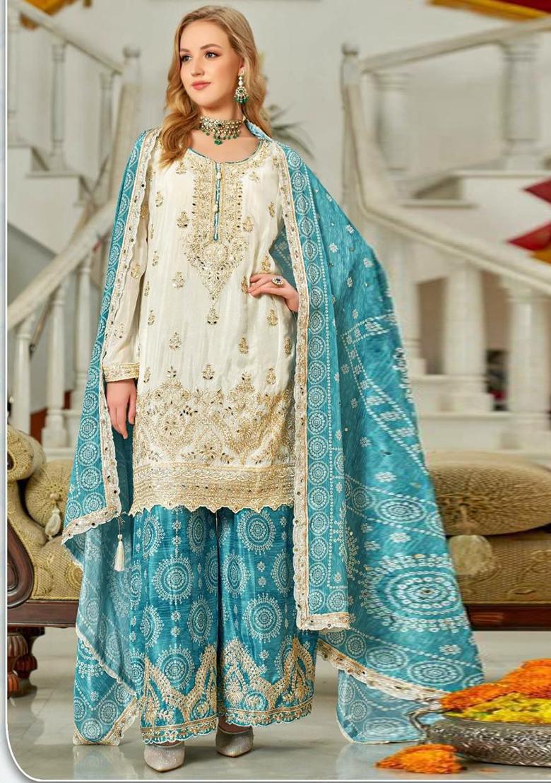 Off White Embroidery Blended Kurta Set - Indya