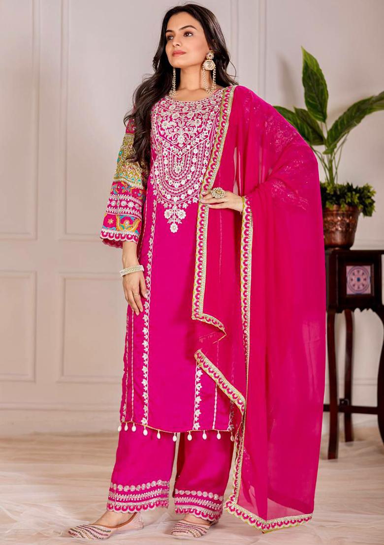 Pink Embroidery Blended Kurta Set - Indya