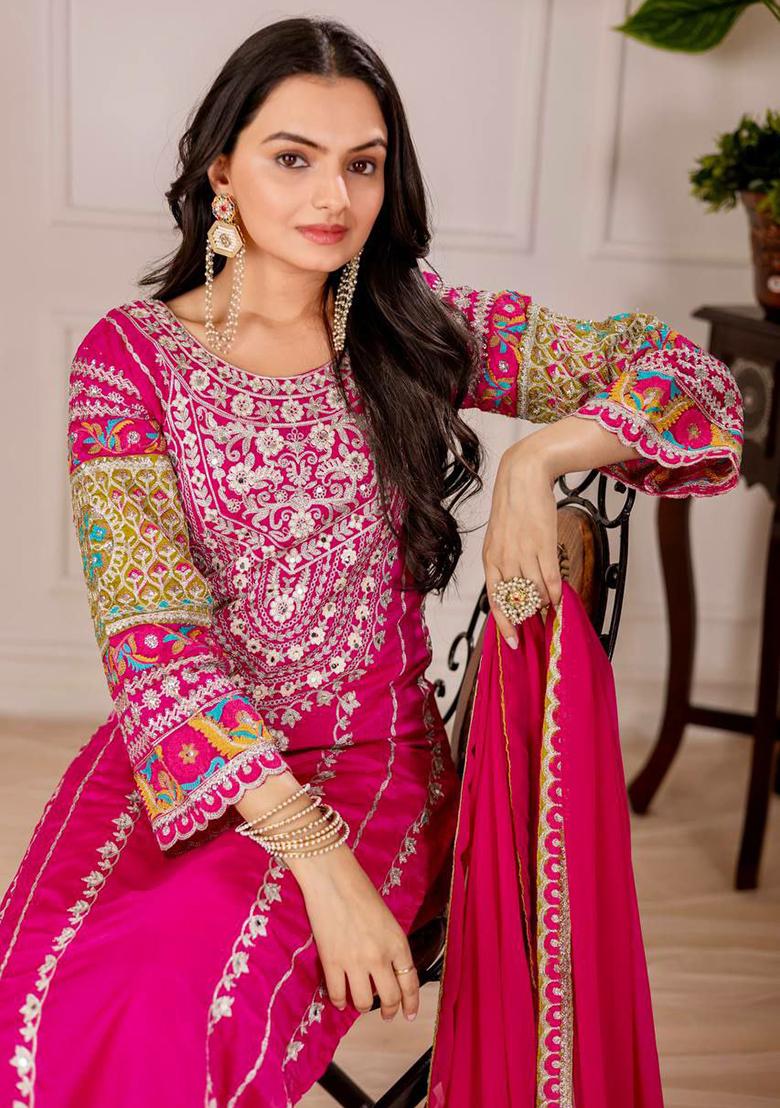 Pink Embroidery Blended Kurta Set - Indya