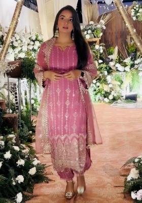 Pink Embroidery Blended Kurta Set