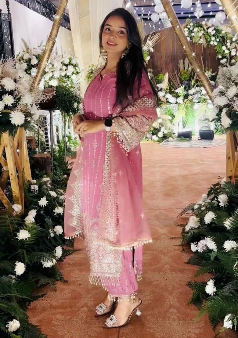 Pink Embroidery Blended Kurta Set - Indya