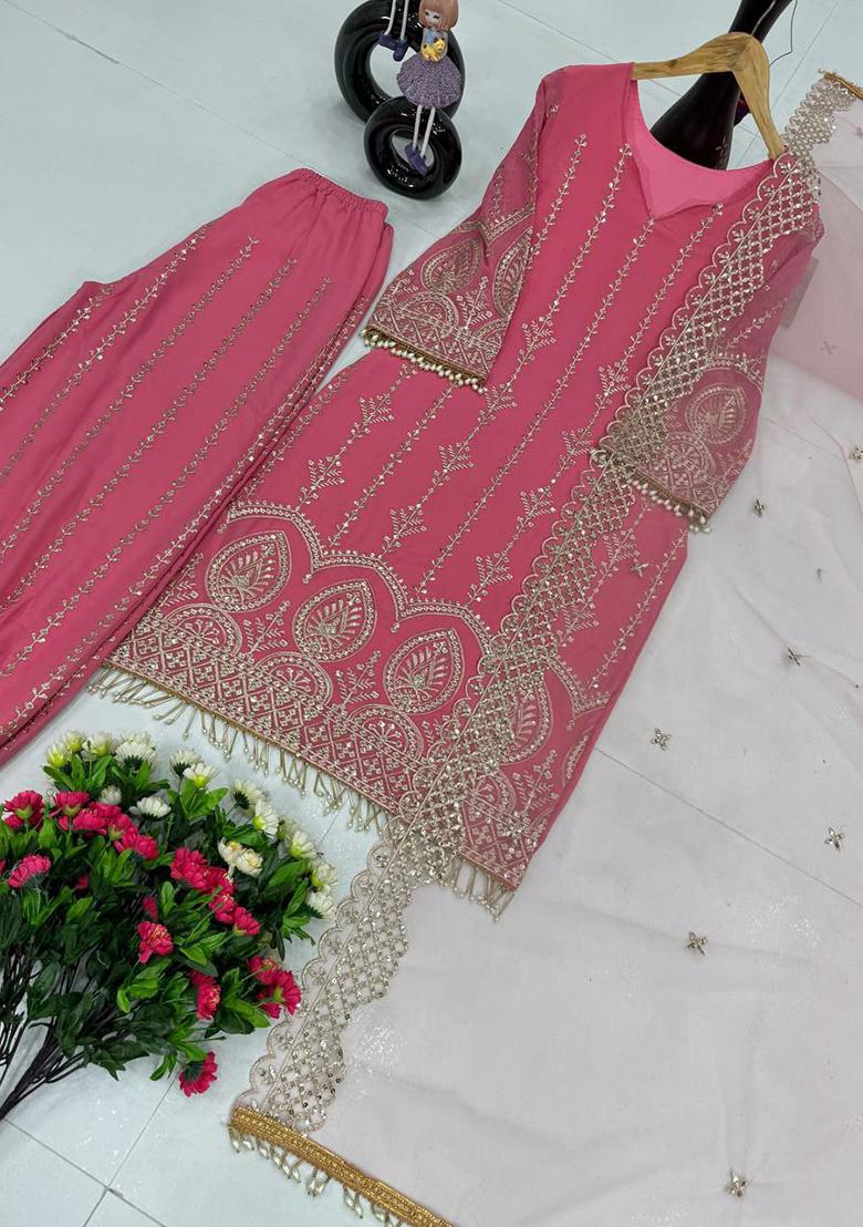 Pink Embroidery Blended Kurta Set - Indya