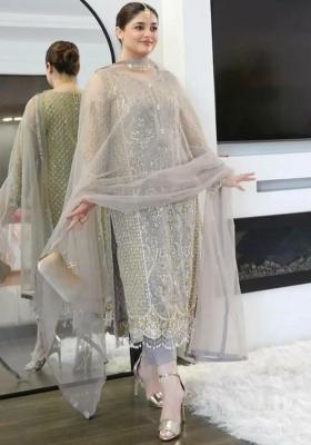 Grey Embroidery Blended Kurta Set