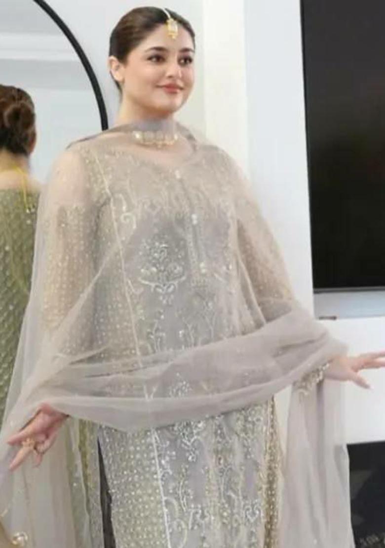 Grey Embroidery Blended Kurta Set - Indya