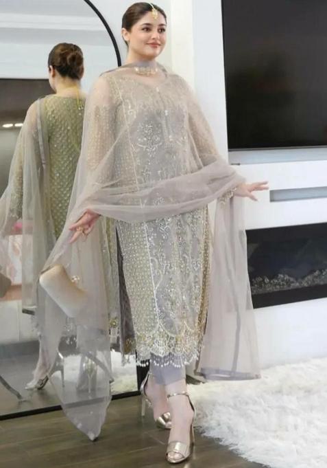 Grey Embroidery Blended Kurta Set