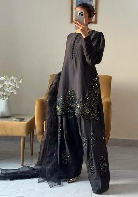 Black Solid Blended Kurta Set