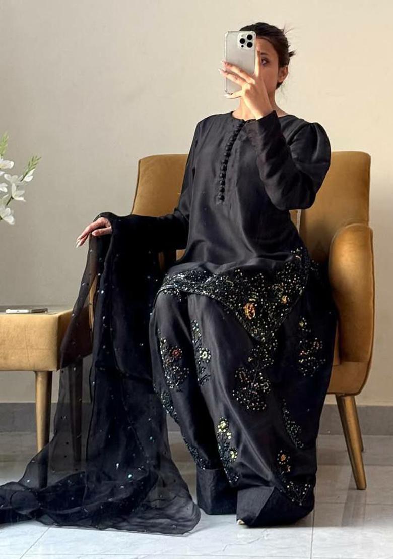 Black Solid Blended Kurta Set - Indya