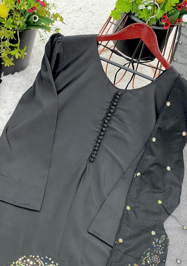 Black Solid Blended Kurta Set - Indya