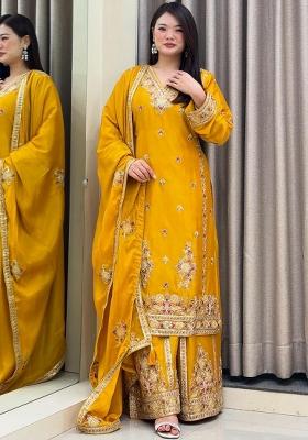 Yellow Embroidery Blended Kurta Set