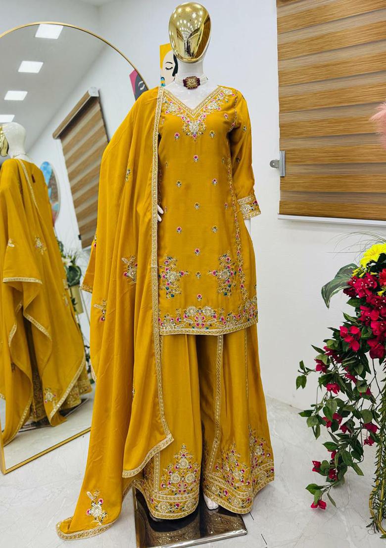 Yellow Embroidery Blended Kurta Set - Indya