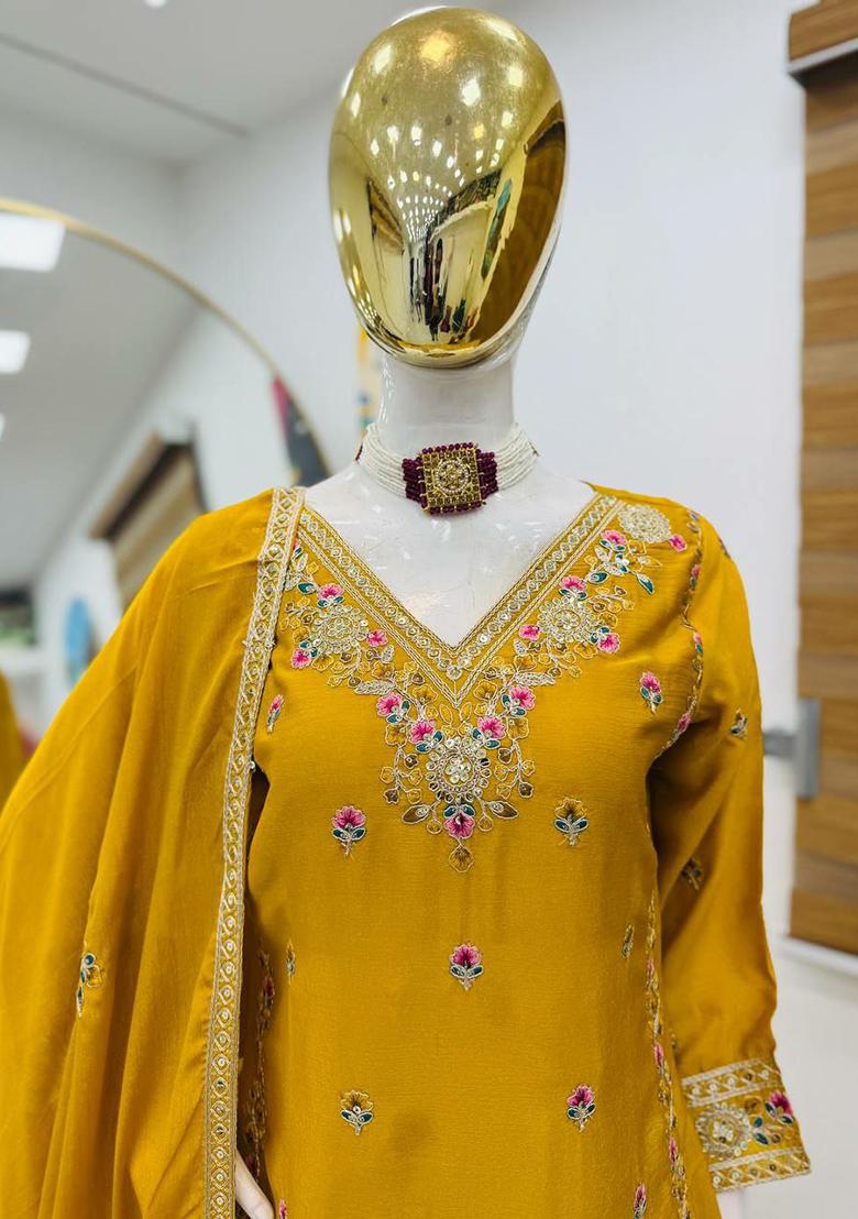 Yellow Embroidery Blended Kurta Set - Indya