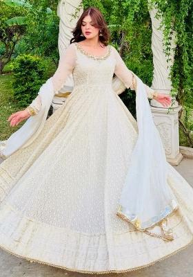 Off White Embroidery Blended Kurta Set