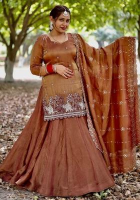 Orange Embroidery Blended Kurta Set