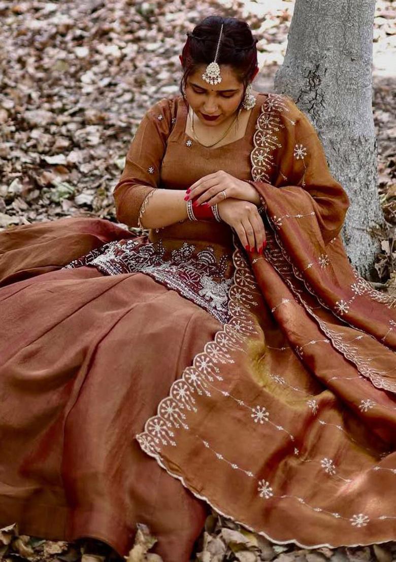 Orange Embroidery Blended Kurta Set - Indya