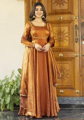 Orange Solid Blended Kurta Set