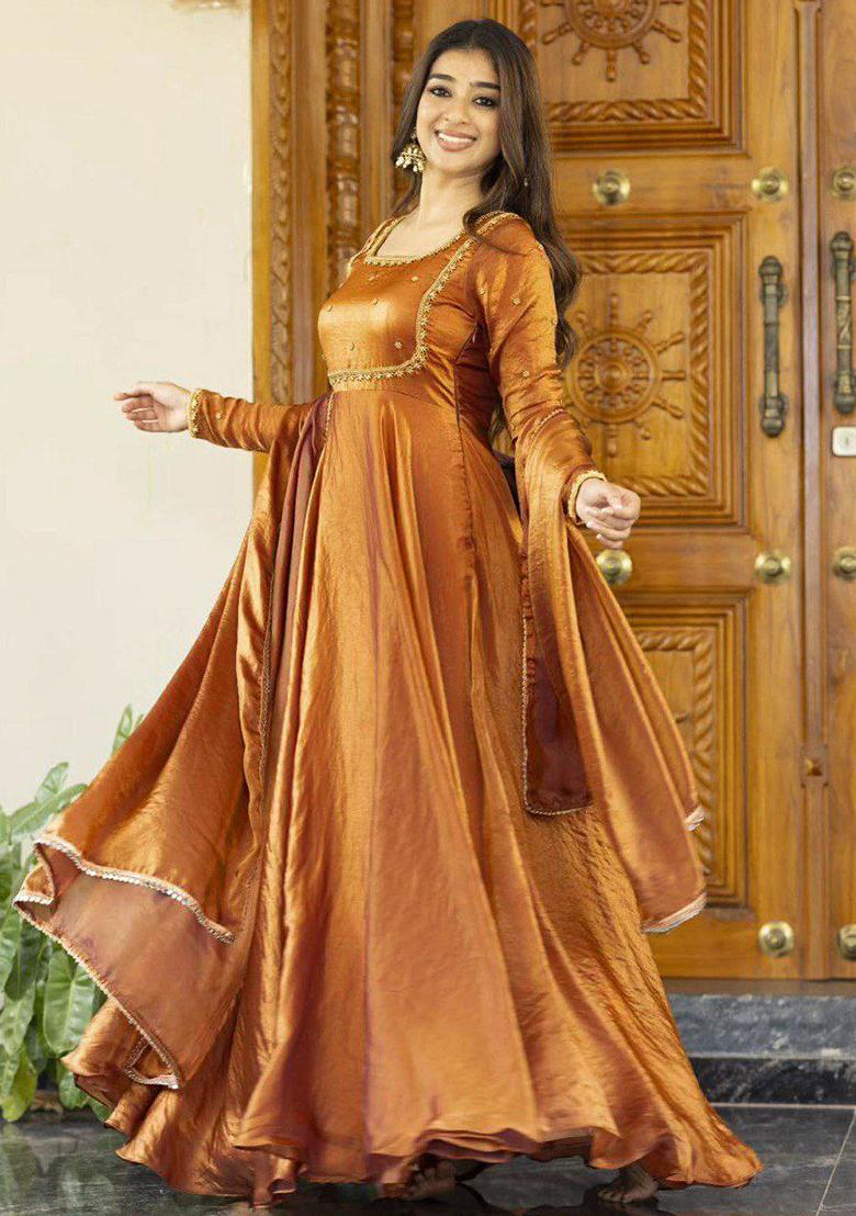 Orange Solid Blended Kurta Set - Indya